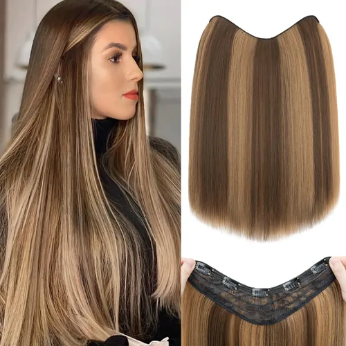 Vista 30 de S-noilite Extensiones de cabello de una pieza con clip, color rubio balayage de 18 pulgadas, en forma de U, extensiones de cabello de trama de una