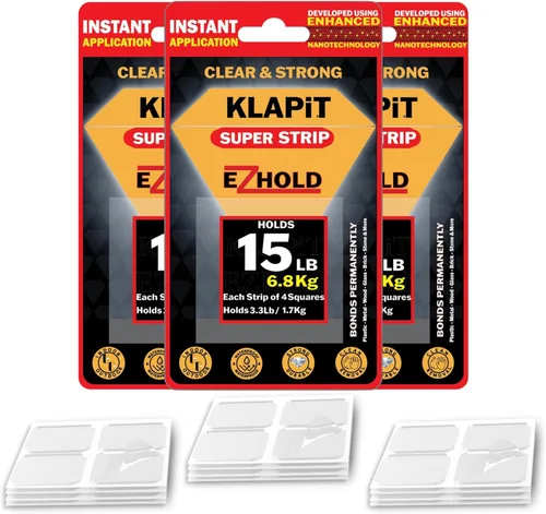 Vista 10 de KLAPiT Super Strip EZHold 16 piezas de cinta de montaje de 1 x 1 pulgada cuadrados - Soporta hasta 15 libras