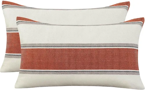 Vista 13 de AmHoo - Juego de 2 fundas de cojín de lino para sofá, estilo casa de campo, con diseño de rayas, decoración estilo Buffalo retro, con cremallera