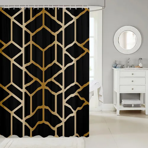 Vista 2 de Erosebridal Cortina de ducha geométrica con patrón de rayas negras y doradas, juego de cortina de ducha para niños, niñas y adultos, 72 pulgadas