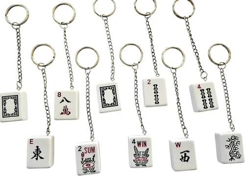 Vista 2 de Llaveros de 10 quilates (los patrones de mahjong son aleatorios) con mahjong blanco y decoraciones estampadas