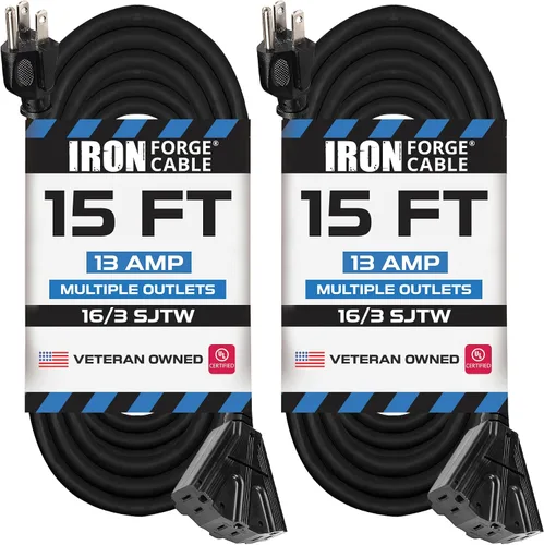 Vista 12 de Iron Forge Cable Cable de extensión negro de 6 pies con 3 tomas de corriente, SJTW de 16/3, cable de extensión de 6 pies, 3 clavijas, resistente a