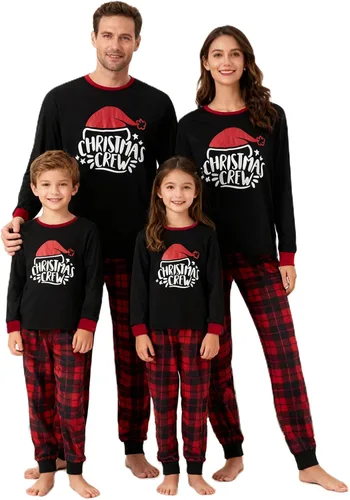 Vista 32 de Awoscut - Conjunto de pijamas navideños a juego, con estampado en la parte superior y pantalones a cuadros #B-7