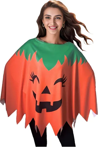 Vista 2 de Disfraz divertido de poncho de cara de calabaza para mujer