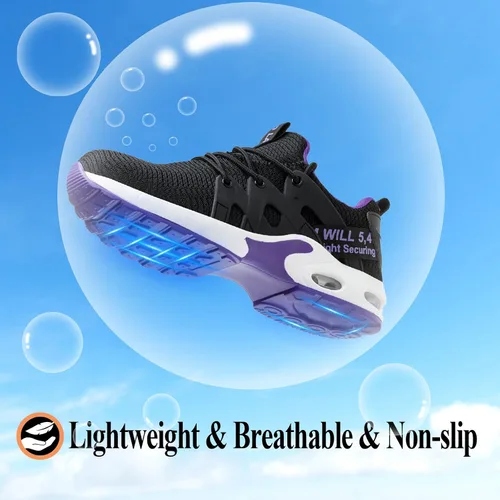 Vista 4 de LANSNBO Zapatos de punta de acero para mujer, zapatos de trabajo de seguridad indestructibles, con amortiguación de aire, ligeros, transpirables