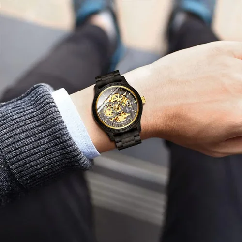 Vista 2 de IK COLOURING Relojes de lujo mecánico de madera caso esqueleto Lumious automático automático ligero cuero genuino pulsera/reloj de pulsera con banda