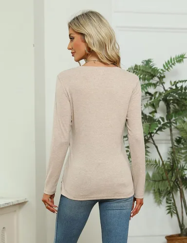Vista 4 de Blusa con cuello en V, manga larga y nudo trenzado para mujer, diseño cómodo, holgado e informal