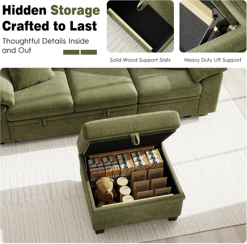 Vista 6 de Ihanherry Sofá modular de 86 pulgadas con cama extraíble, sofá cama modular en forma de L de 4 plazas con otomana de almacenamiento, sofás Verde