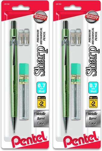 Vista 4 de Pentel Lápiz mecánico afilado, barriles metálicos de 0.028 in, borrador de repuesto, el color del barril puede variar (P207MLEBP)