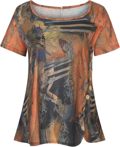 Vista 4 de Ceboyel Blusas Henley de manga corta con botones florales para mujer, blusas de verano a la moda casual para mujer