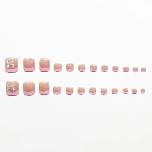Vista 4 de Lindas uñas postizas a presión con punta francesa rosa, uñas postizas cuadradas de cobertura completa con diseños de dijes de lazo, uñas acrílicas