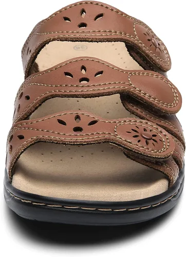 Vista 4 de Sandalias clásicas de cuero para mujer, sandalias casuales con soporte de arco, correas ajustables de gancho y bucle, zapatos para exteriores 2024