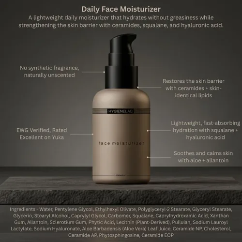 Vista 4 de HygieneLab Hidratante facial - Verificado por EWG, hidratación sin perfume, no grasa con escualano, aloe vera, ceramidas y ácido hialurónico, 1.7