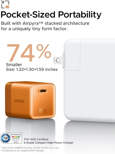 Vista 3 de UGREEN Nexode Air - Bloque de carga USB C GaN de 65 W con cable de 3.3 pies Naranja
