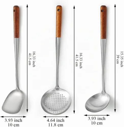 Vista 2 de Evanda Juego de espátulas Wok de 17 pulgadas, herramientas de wok de acero inoxidable con mango de madera resistente al calor, cucharón, espátula