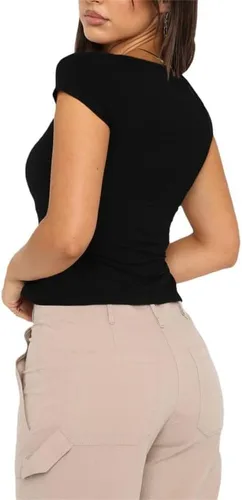 Vista 3 de Camiseta corta de manga corta para mujer, cuello cuadrado, para salir, ajustada, ropa Y2K