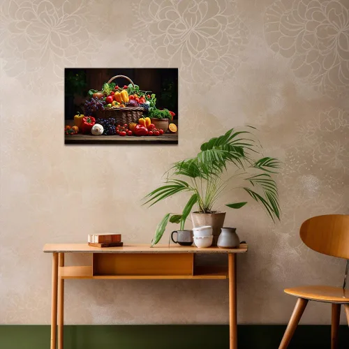 Vista 4 de QIXIANG Arte de pared de frutas y verduras coloridas impresiones en lienzo de comida en la canasta, cocina, restaurante, decoración de pared