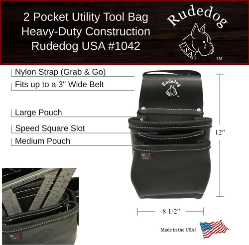 Vista 5 de Bolsa de herramientas profesional de cuero con 2 bolsillos, construcción de alta calidad/resistente, Rudedog USA #1042