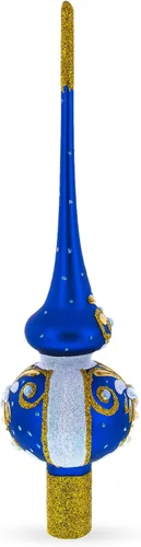 Vista 3 de Perlas blancas con hojas doradas en cristal azul para árbol de Navidad de 11 pulgadas