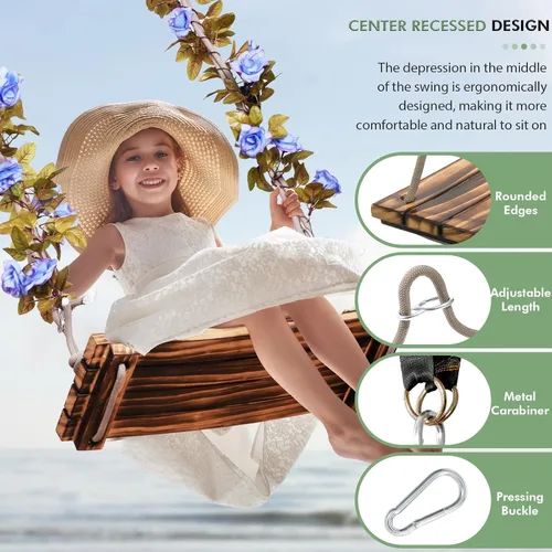 Vista 5 de Asiento de columpio de madera mejorado 2025, 18 x 8 pulgadas, columpio de árbol colgante para adultos y niños, carga de 440 libras, cuerda de nailon