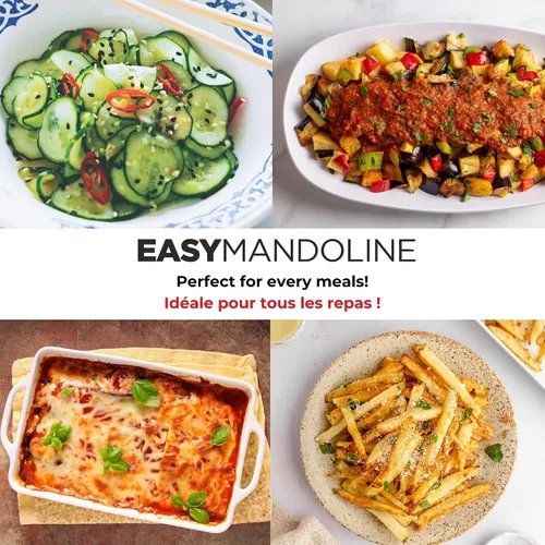 Vista 4 de Starfrit Easy Mandoline Slicer, Dicer - 5 cuchillas - Cuchillas rectas y arrugadas, Julienne, rallador y triturador - Empujador de autoalimentación