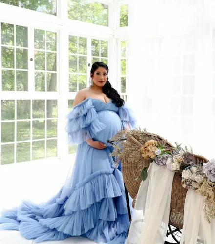 Vista 7 de Vestidos de maternidad de tul hinchado con volantes para sesión de fotos, hombros descubiertos, lencería nupcial, baby shower, bata de embarazo