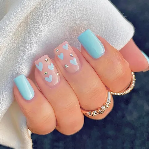 Vista 10 de Uñas postizas a presión para San Valentín, uñas postizas cortas cuadradas MABKJLF nude con diseños de labios, cobertura completa, pegamento