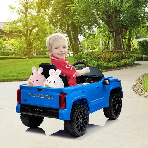 Vista 7 de Auto de paseo de 12 V para niños, camión Toyota con licencia, automóvil eléctrico a batería con música, luces LED, sistema de suspensión, puertas