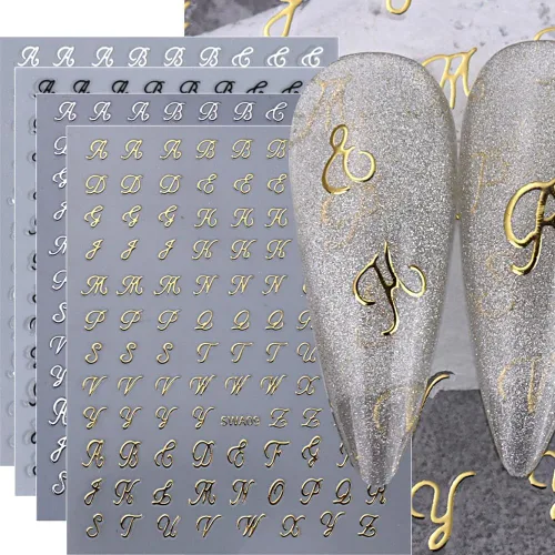 Vista 8 de Calcomanías de uñas con letras, 8 hojas de calcomanías de uñas con letras en inglés antiguo, 3D, autoadhesivas, doradas, plateadas, negras, blancas