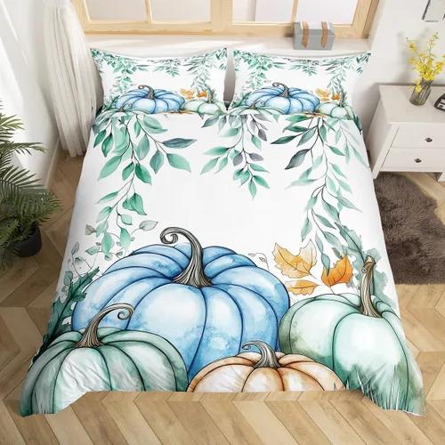 Vista 38 de Erosebridal Juego de funda de edredón individual de pavo de Acción de Gracias, juego de ropa de cama de calabaza y hojas de otoño para niños