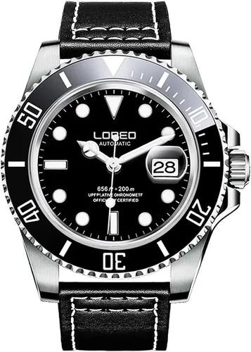 Vista 11 de LOREO Reloj automático de acero inoxidable plateado para hombre, con bisel giratorio, cristal de zafiro, negro