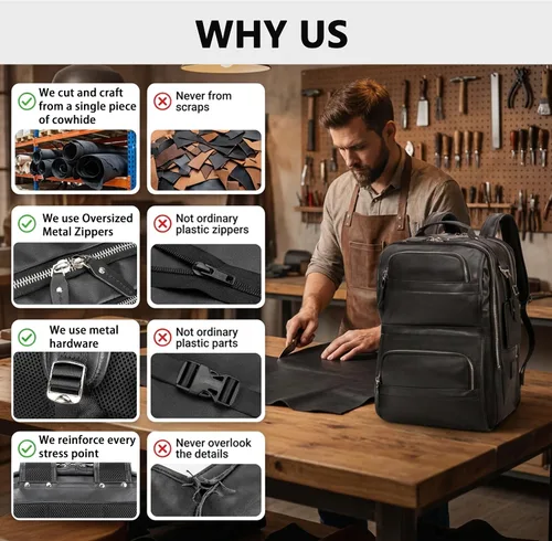Vista 5 de LANNSYNE Full Grain Leather Backpack for Men, 16" Laptop Backpack with USB Charging Port, Business Travel Daypack