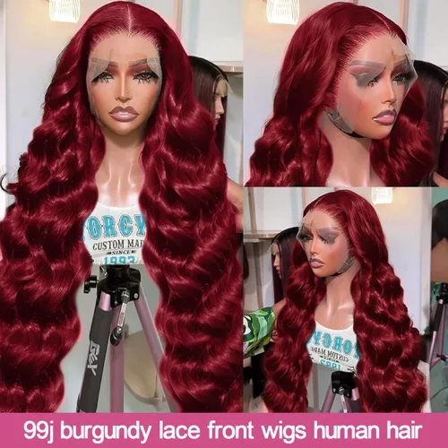 Vista 5 de Smabuity 99J Pelucas de encaje frontal burdeo de pelo humano, peluca burdeo roja de pelo humano, 13x6, peluca de encaje frontal HD de onda corporal