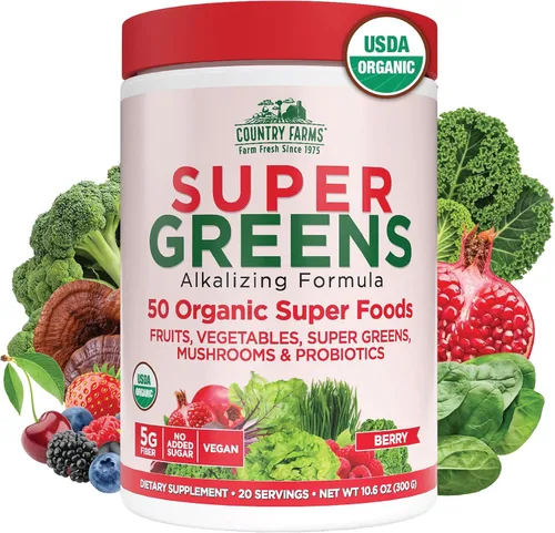 Vista 17 de Country Farms Super Greens Batido en Polvo de Manzana y Plátano, Súper Alimentos Orgánicos, Mezcla de Bebida Orgánica USDA, Frutas, Verduras