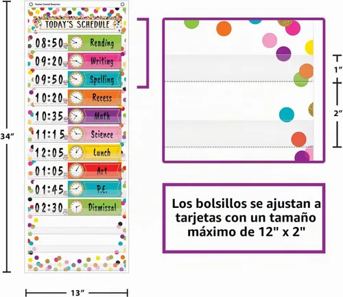 Vista 4 de Teacher Created Resources - Tabla organizadora de horario o actividades con 14 bolsillos (13 x 34 pulgadas), confeti