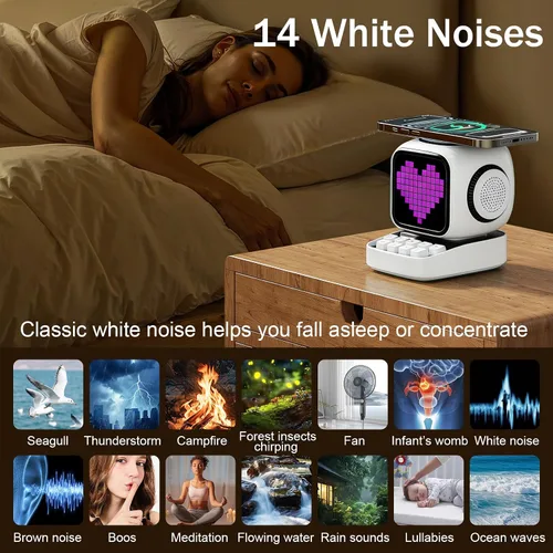 Vista 5 de Altavoz Bluetooth con pantalla LED clásica de 11 x 11 píxeles, altavoces de escritorio compatibles con carga inalámbrica para iPhone