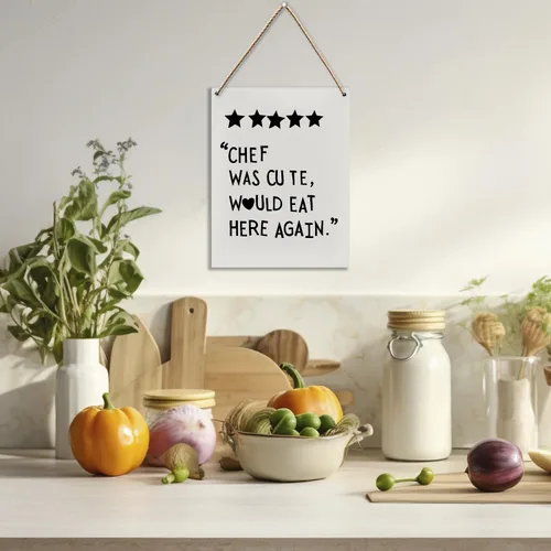 Vista 3 de Letrero de cocina con texto en inglés "Chef Was Cute Would Eat Here Again", decoración de pared en blanco y negro, 8 x 10 pulgadas