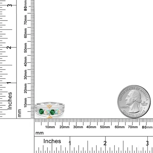Vista 3 de Anillo de 4 piedras de plata de ley 925 y oro amarillo de 10 quilates, color verde, nanoesmeralda blanco simulado ópalo y diamante cultivado