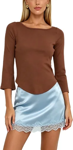 Vista 13 de Camiseta de manga 3/4 para mujer, cuello barco, ajuste delgado, manga de A Blanco