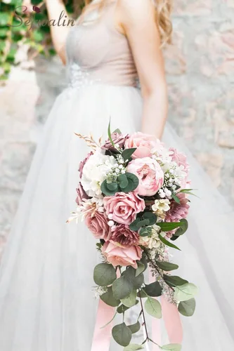 Vista 6 de Serwalin Ramos de boda de 9.8 pulgadas para novia y dama de honor, peonías rosa empolvado, ramos de flores de novia para boda, ramo de lanzamiento