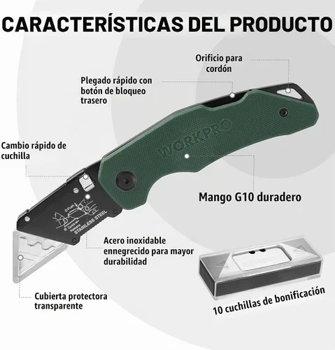Vista 2 de WORKPRO Cuchillo utilitario plegable G10 mango con cabeza de acero inoxidable, hoja de cambio rápido y bloqueo trasero, cortador de caja resistente