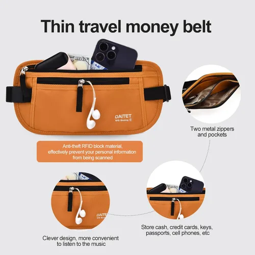 Vista 149 de DAITET Cinturón de dinero, soporte para pasaporte, cartera de viaje oculta segura con bloqueo RFID, riñonera encubierta (negro), Negro, Rfid