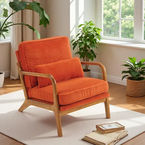 Vista 10 de VINGLI Silla de Acento de Pana Premium Mejorada, Silla con Reposabrazos Tapizada, Cómoda Silla de Lectura de Madera Maciza con Almohada Lumbar