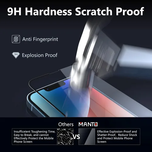 Vista 5 de MANTO Paquete de 2 protectores de pantalla para iPhone 14 Plus (6.7 pulgadas) con 2 protectores de lente de cámara, cobertura completa, HD