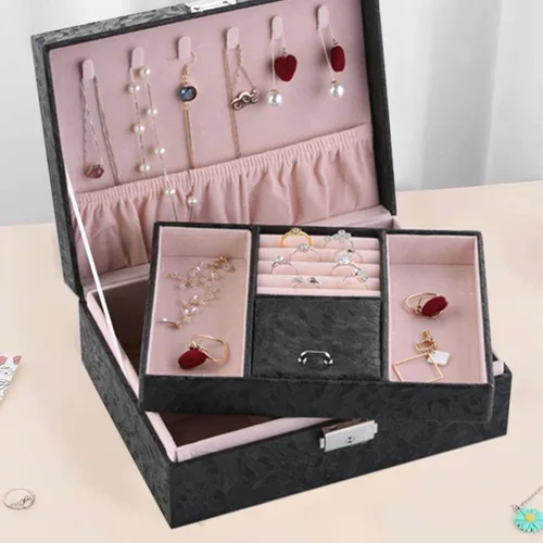 Vista 5 de YLOMAY Joyero con cerradura, organizador de tesoros, estuche de almacenamiento con pantalla de 2 capas, para aretes, pulseras, anillos, relojes