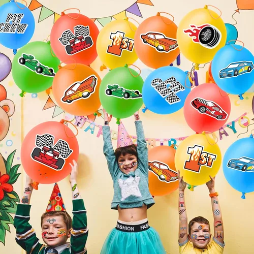 Vista 7 de 72 piezas de recuerdos de fiesta de autos de carreras para niños, suministros de fiesta temática de automóviles con 48 tatuajes temporales