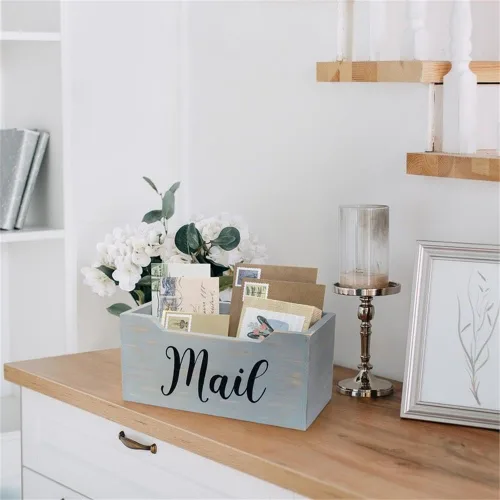 Vista 10 de Elegant Designs HG2010-GMB - Caja organizadora de madera rústica de madera con escritura negra con texto en inglés, soporte para cartas, accesorios
