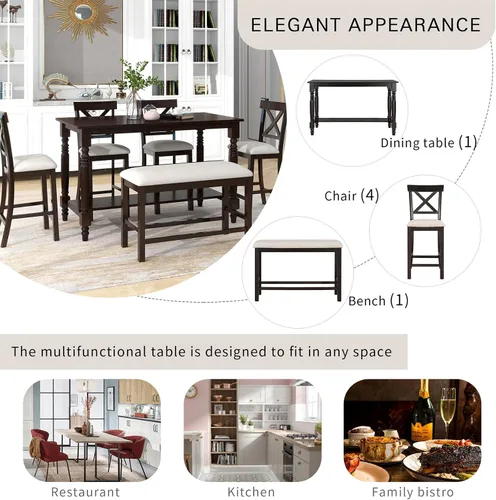 Vista 5 de Bellemave Juego de mesa de comedor de 6 piezas rectangular de madera con 4 sillas y un banco, juego de comedor moderno para 6 personas, ideal