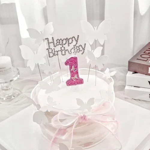 Vista 3 de Velas de cumpleaños, velas de números para pasteles de cumpleaños con mariposa, velas de cumpleaños rosas, velas de pastel de 3.2 pulgadas