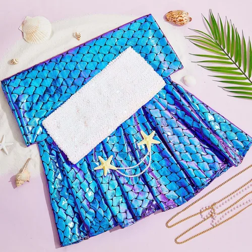Vista 3 de Newcotte 4 piezas de disfraz de sirena para mujer, falda de tubo de lentejuelas, cintura de perla y cadena para la cabeza para Halloween Cosplay